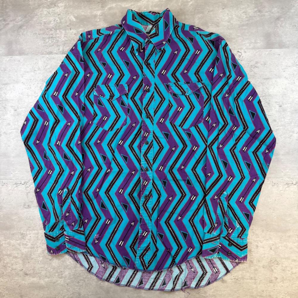 Wrangler Cowboy Cut Western Shirt Mens 16.5-36 XL Geometric Arrow Turquoise 90s